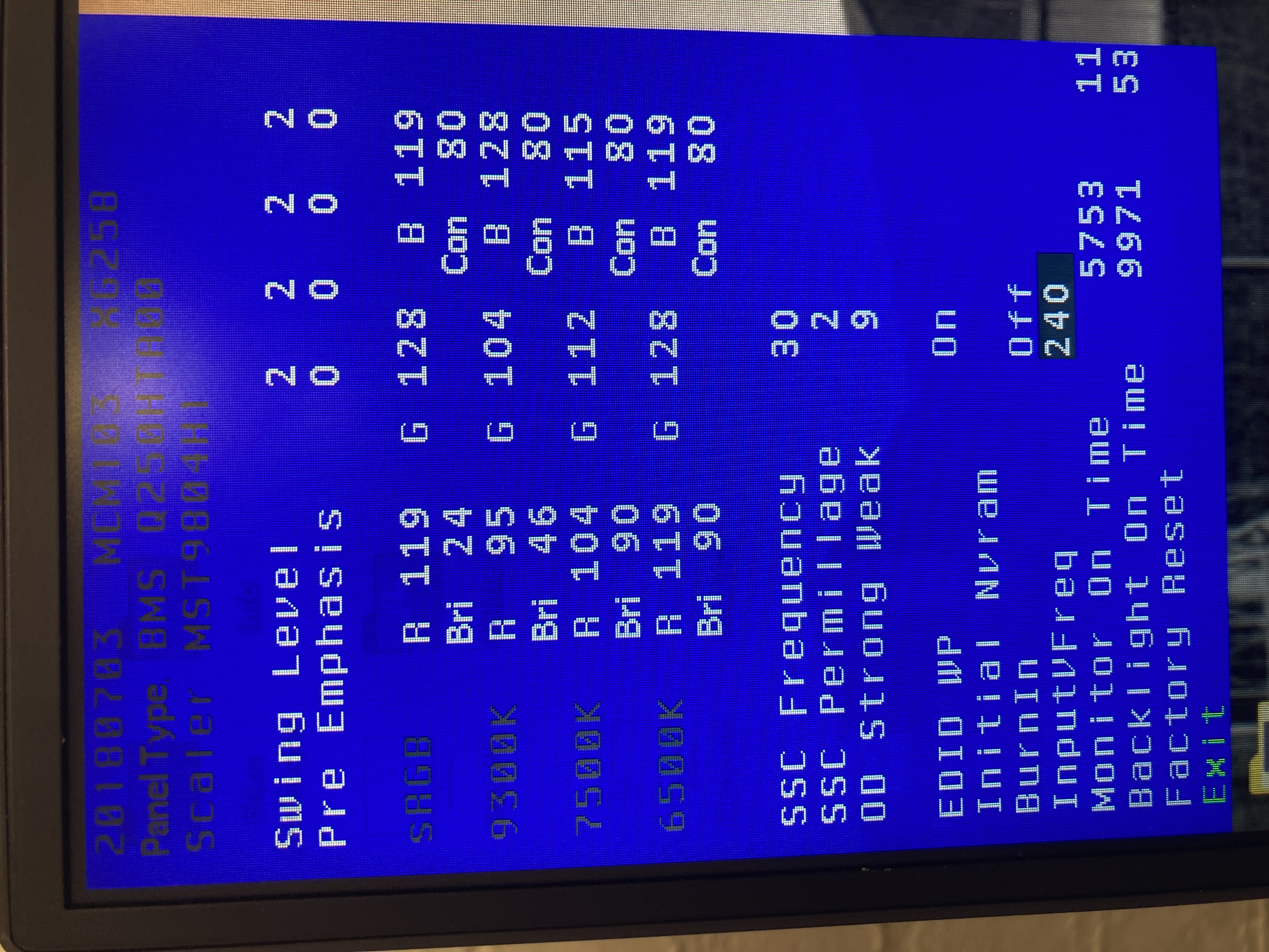 XG258Q Factory Settings