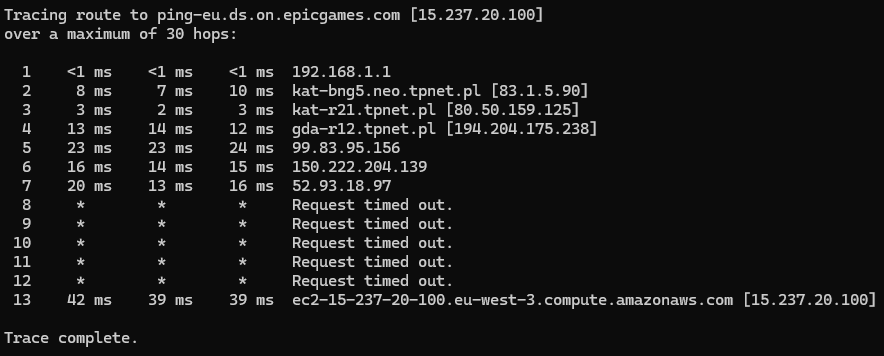 In CMD: tracert ping-eu.ds.on.epicgames.com